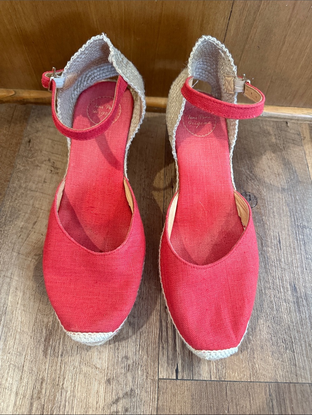 Toni Pins Red Ankle-Strap Espadrille Wedges